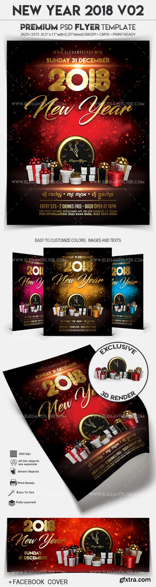 New Year 2018 V02 Flyer PSD Template + Facebook Cover