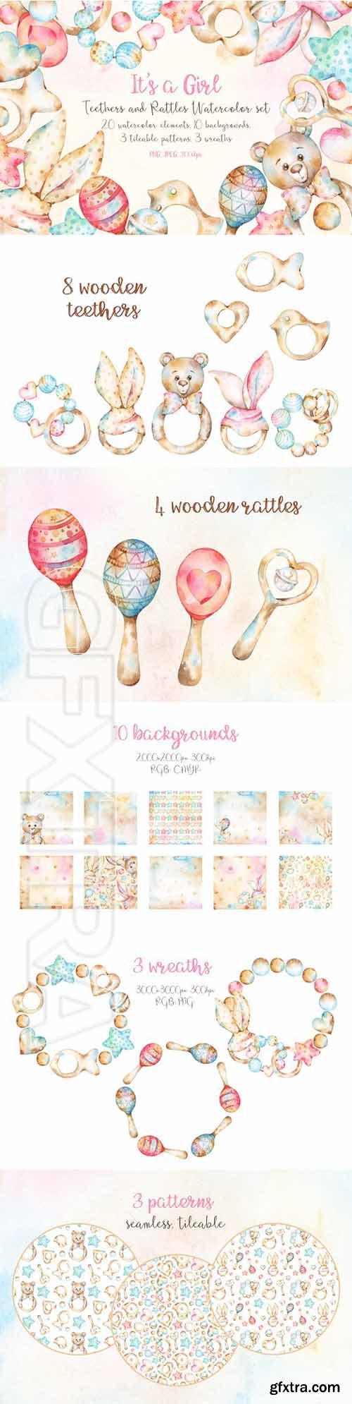 CreativeMarket - Baby girl teethers and rattles set 2171436