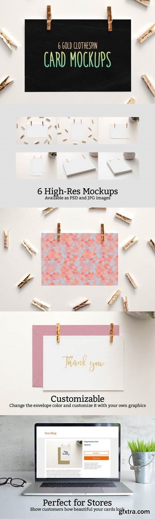 6 Gold Clothespin-Style Card Mockups