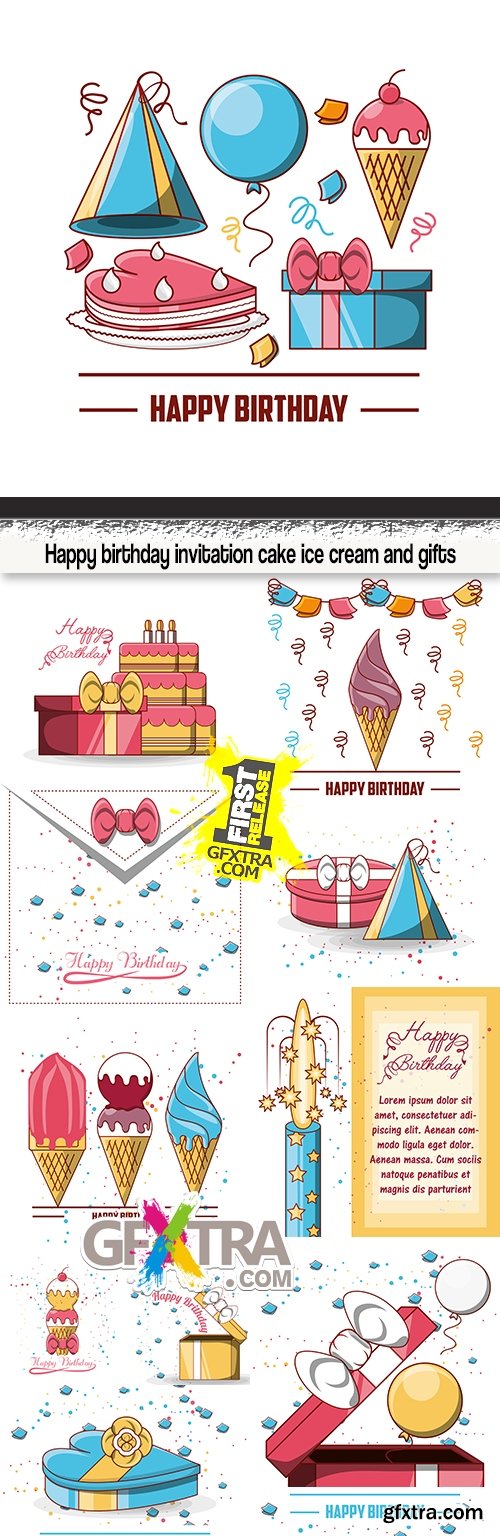 Happy birthday invitation cake ice cream and gifts