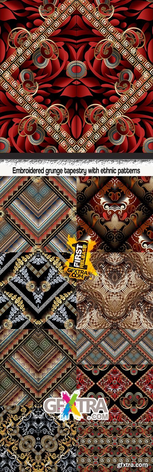 Embroidered grunge tapestry with ethnic patterns