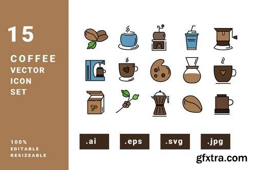 15 Coffee Fill Outline Vector Icon Set