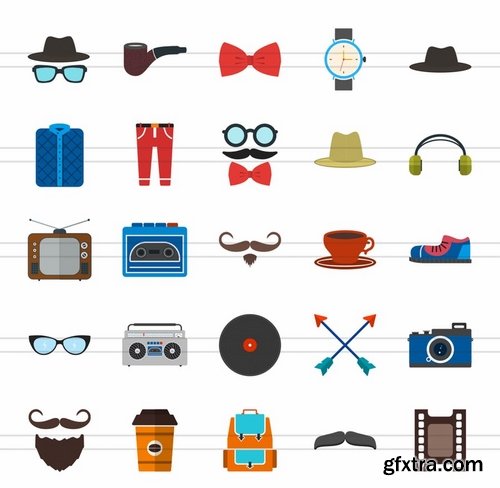 50 Hipster Flat Multicolor Icons