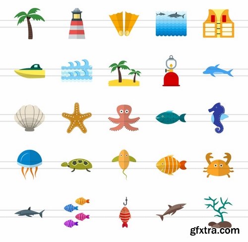 50 Sea Flat Multicolor Icons