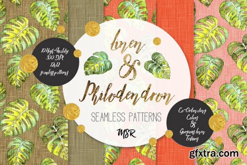 CreativeMarket Linen & Philodendron Seamless Papers 2125087