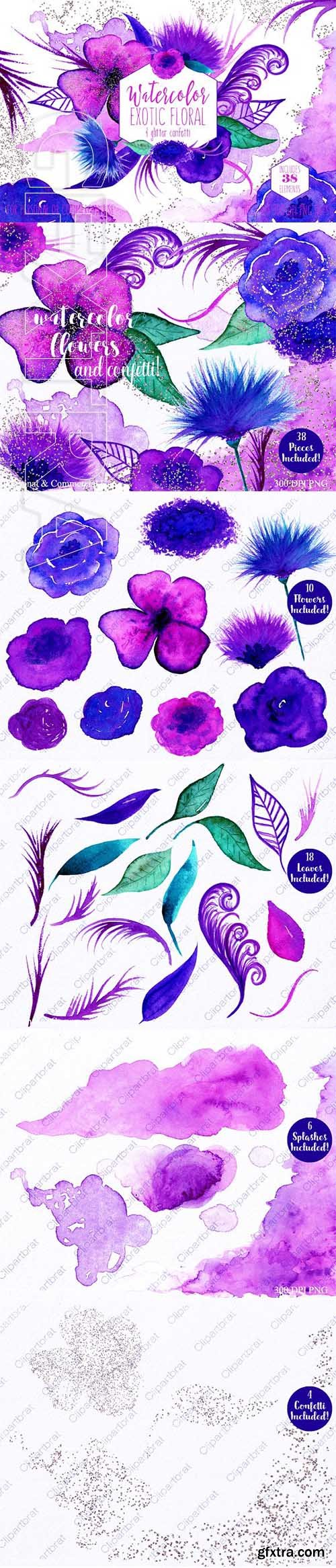 CreativeMarket - Exotic Flowers & Feathers in Royal 2180456