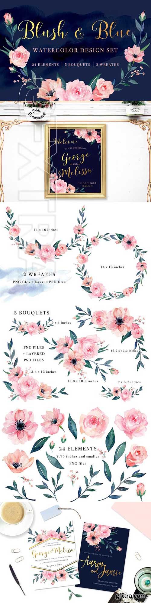 CreativeMarket - Blush and Blue Watercolor Design Set 2179387