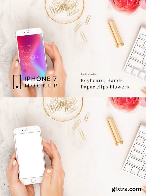 Hand and Workspace iPhone 7 Mockup