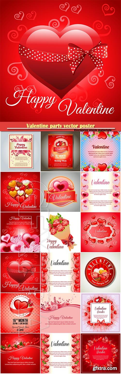 Valentine party vector poster, happy valentine various card