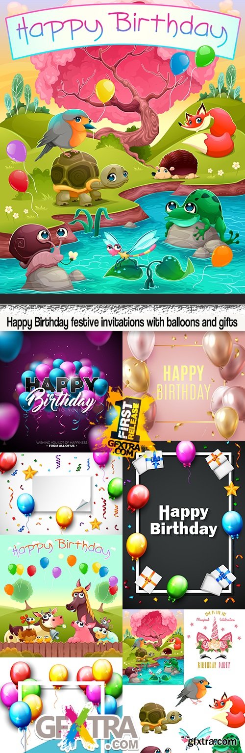 Happy Birthday festive invitations with balloons and gifts