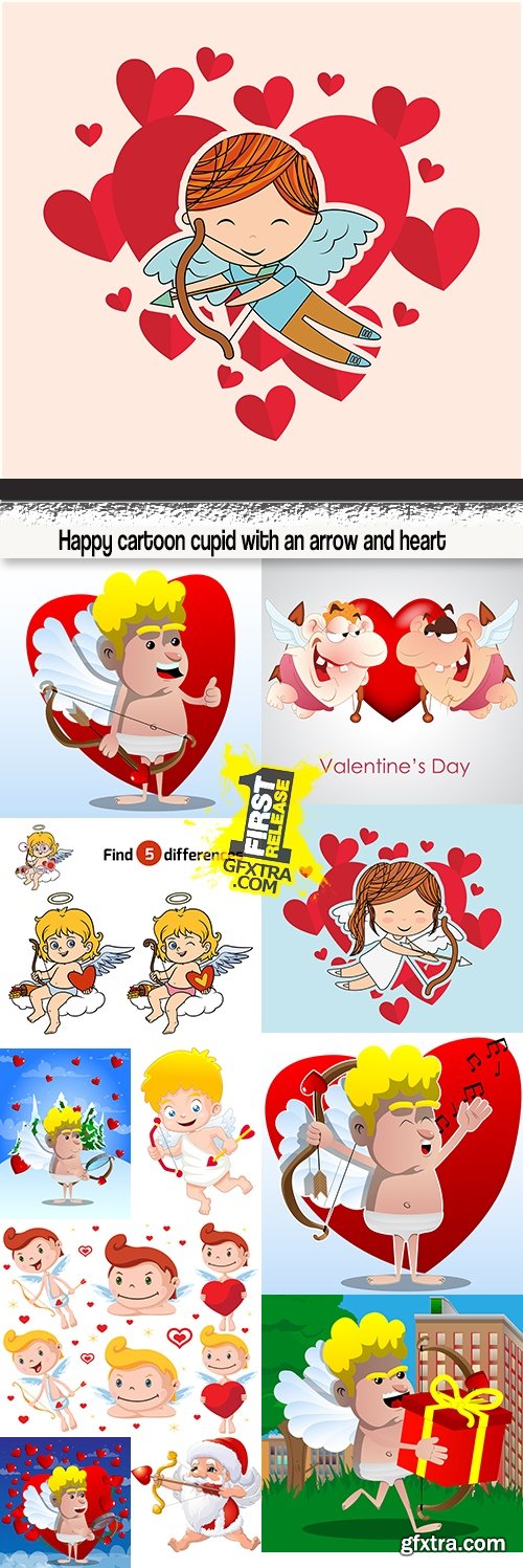 Happy cartoon cupid with an arrow and heart