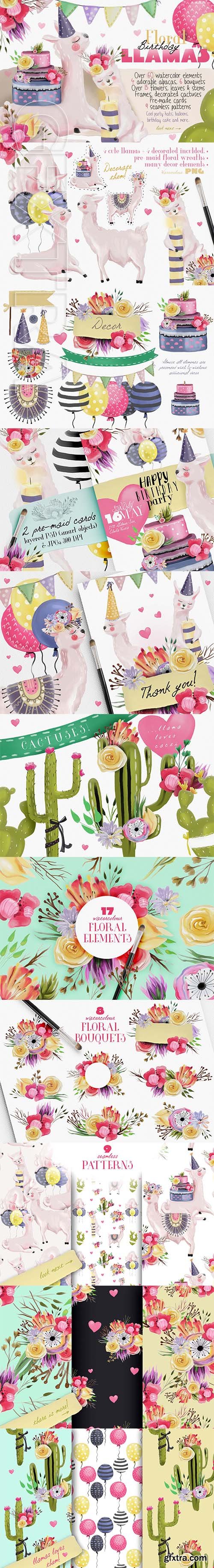 CreativeMarket - Floral Birthday Llamas 2175672