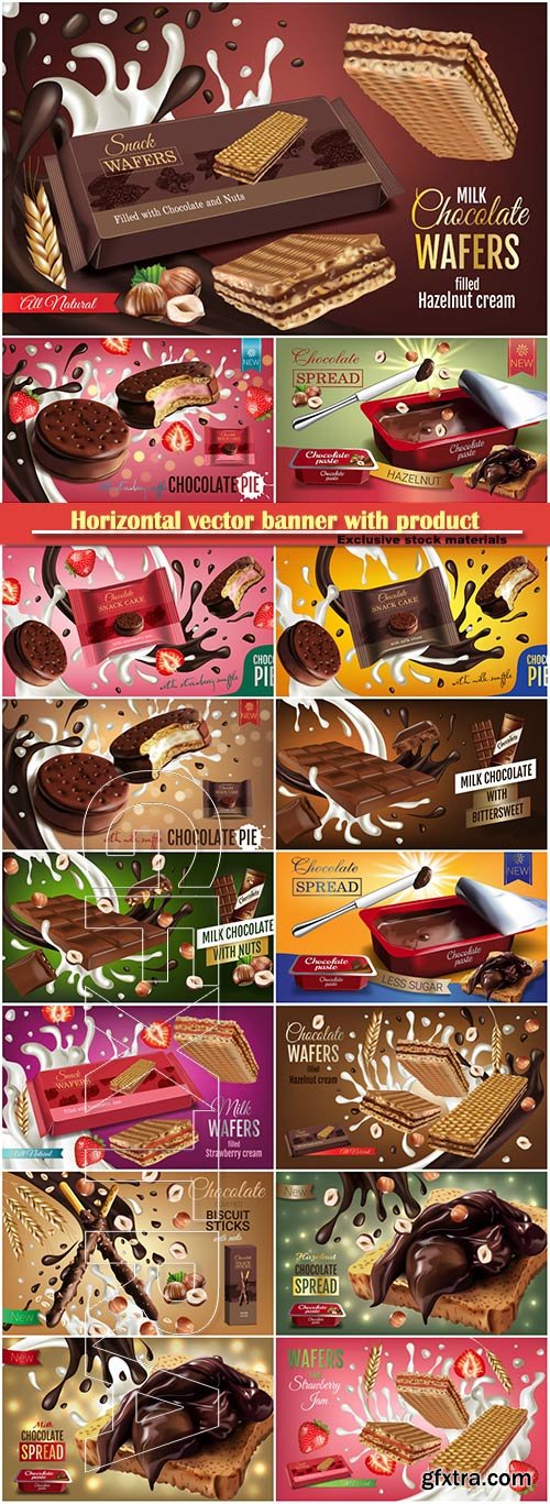 Horizontal vector banner with product, milk wafers with strawberry cream, milk chocolate with bittersweet, chocolate pie with milk and strawberry souffle