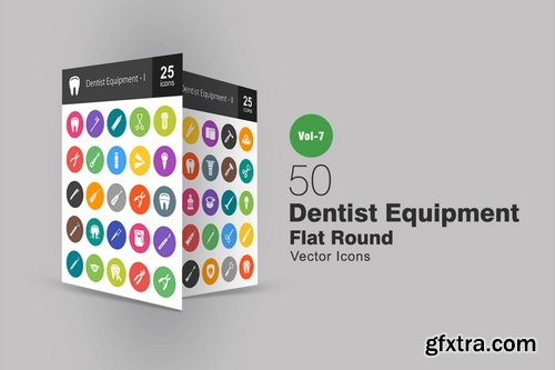 50 Dentist Equipment Flat Round Icons