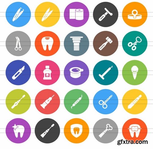 50 Dentist Equipment Flat Round Icons