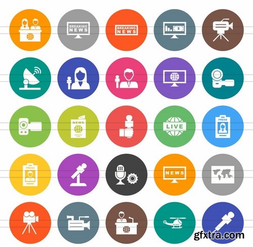 50 News & Media Flat Round Icons