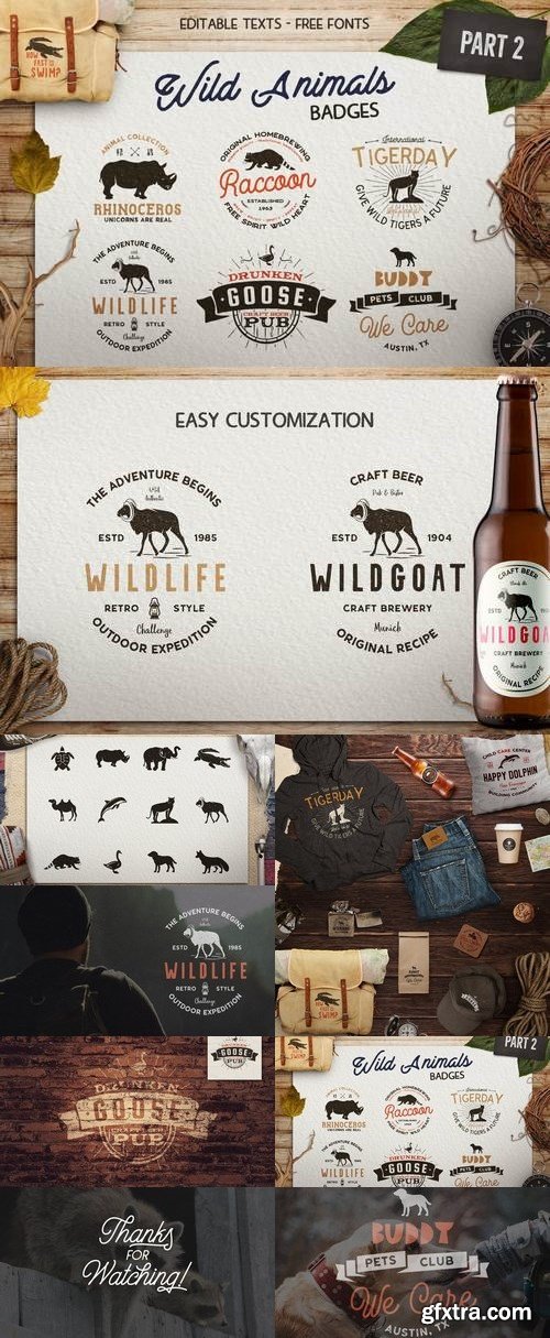 12 Wild Animals Badges Part 2 / Travel Retro Logos