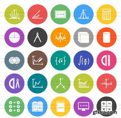 50 Math Symbols Flat Round Icons