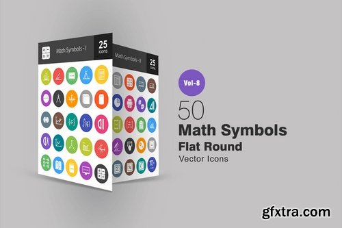 50 Math Symbols Flat Round Icons