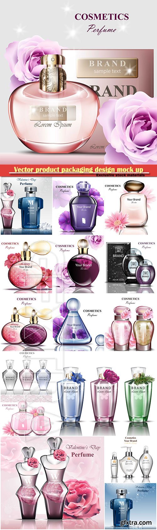 Realistic vector product packaging design mock up, perfume bottle