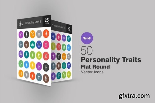 50 Personality Traits Flat Round Icons