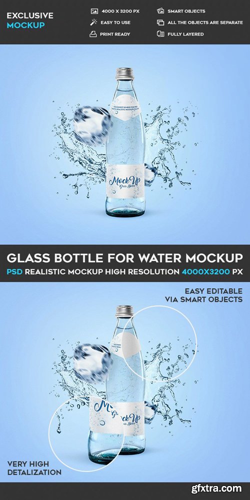 Glass Bottle for Water Mockup PSD Template