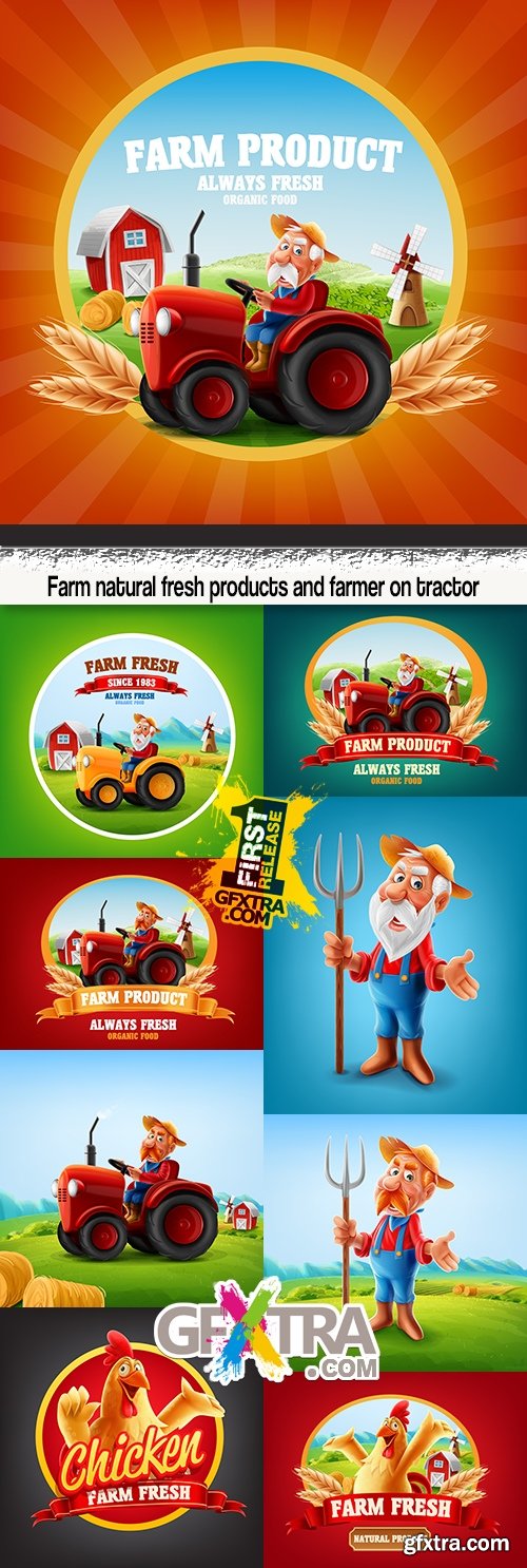 Farm natural fresh products and farmer on tractor