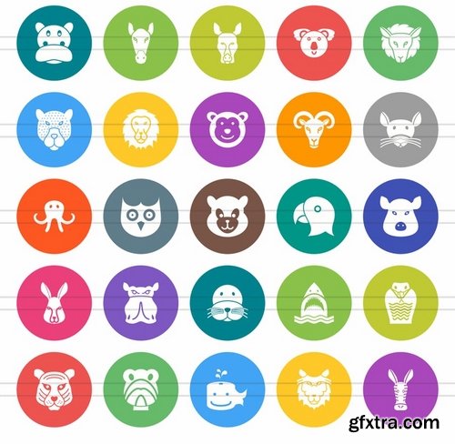 50 Animal Faces Flat Round Icons