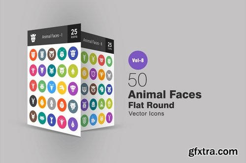50 Animal Faces Flat Round Icons
