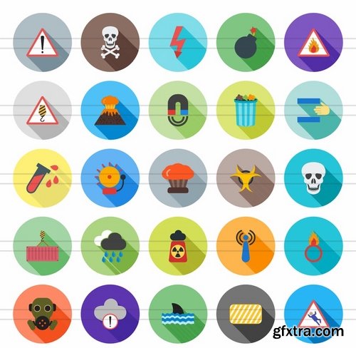 50 Warning & Caution Flat Shadowed Icons