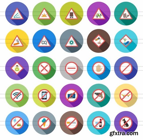 50 Warning & Caution Flat Shadowed Icons