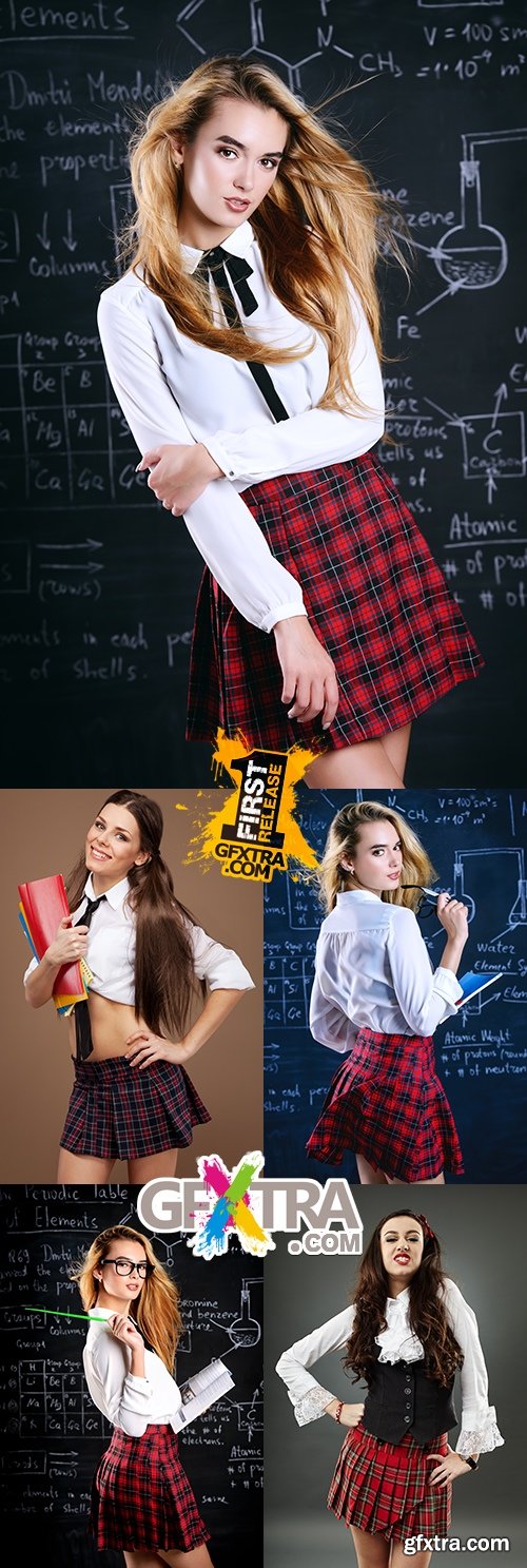 College modern schoolgirl in uniform at blackboard