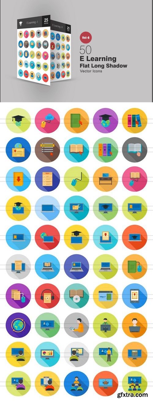 50 E Learning Flat Shadowed Icons