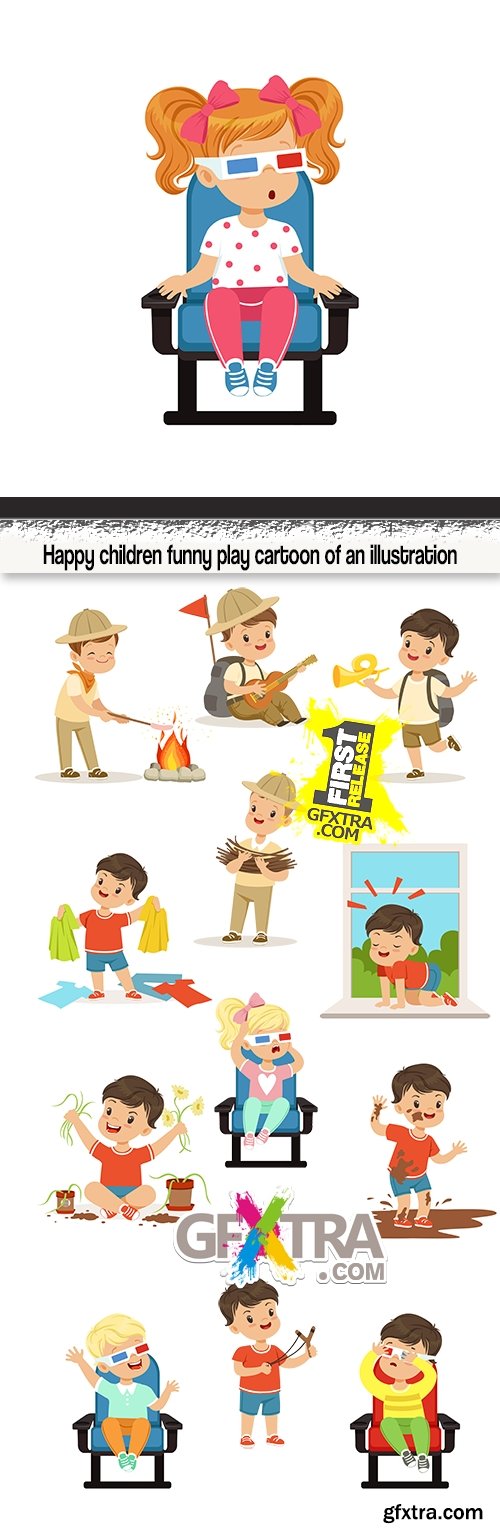 Happy children funny play cartoon of an illustration