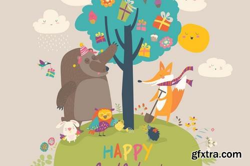 Cartoon animals celebrating Birthday in the forest