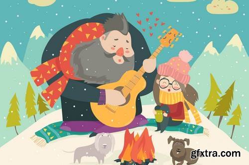 Boy plays guitar for a girl in the winter forest.