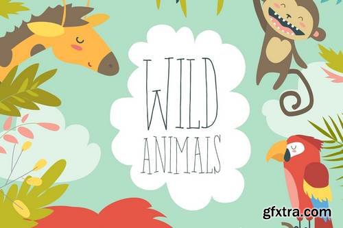 Happy jungle animals creating a framed background.