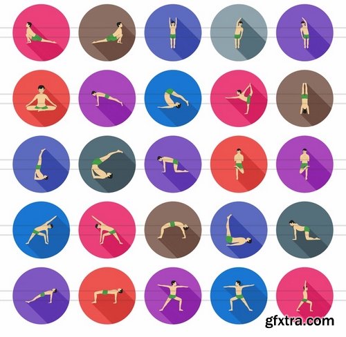 50 Yoga Poses Flat Shadowed Icons