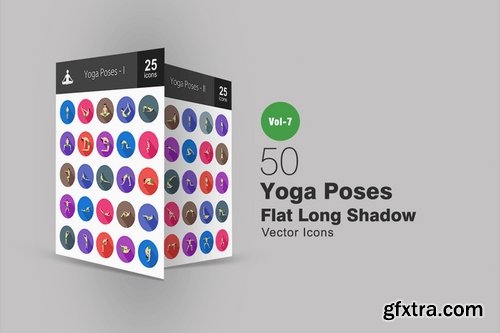 50 Yoga Poses Flat Shadowed Icons