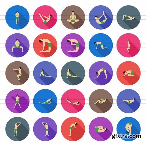 50 Yoga Poses Flat Shadowed Icons