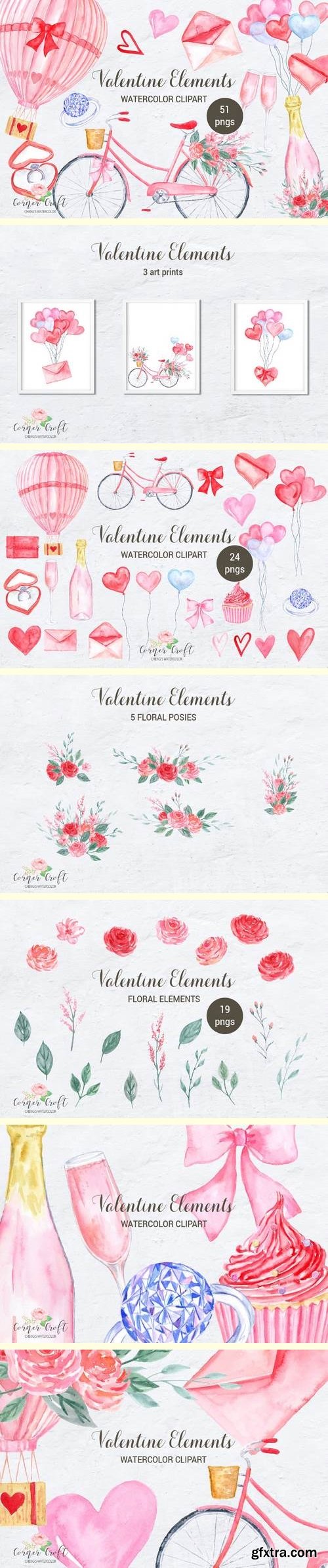 Watercolor Valentine Elements