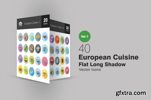 40 European Cuisine Flat Shadowed Icons