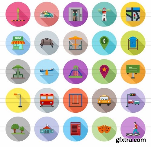 50 Town Flat Shadowed Icons