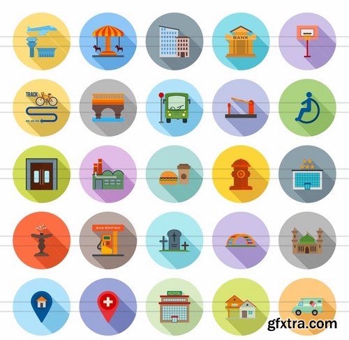 50 Town Flat Shadowed Icons