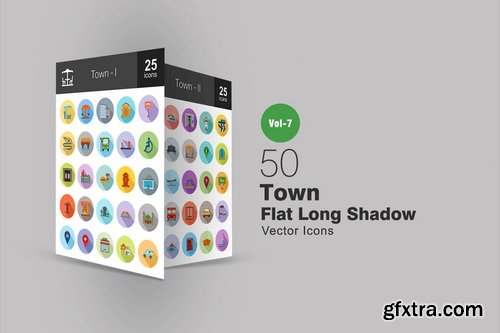 50 Town Flat Shadowed Icons