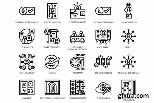 Bitcoin, Blockchain, Cryptocurrency Line Icons