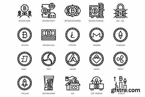 Bitcoin, Blockchain, Cryptocurrency Line Icons