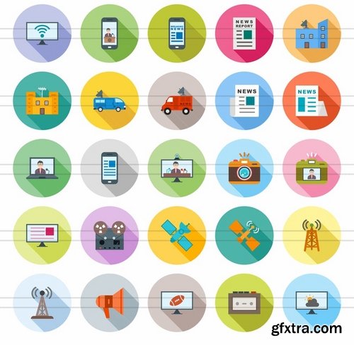 50 News & Media Flat Shadowed Icons