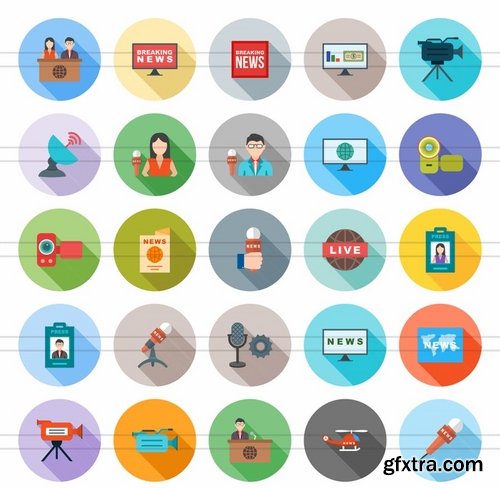 50 News & Media Flat Shadowed Icons