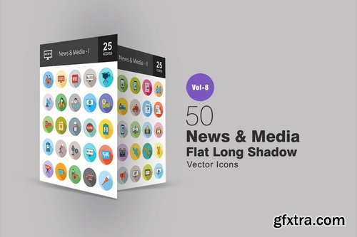 50 News & Media Flat Shadowed Icons